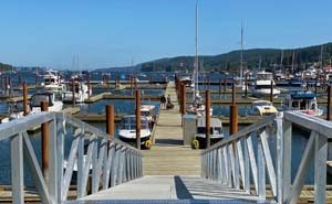 Boats moored at a Salt Spring Island marina, looking down the dock ramp