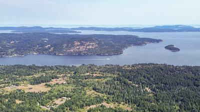 Aerial view from Skywater on Salt Spring Island across the channel to the Gulf Islands