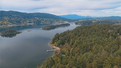 Aerial view over a Salt Spring Island harbour and its wooded islets